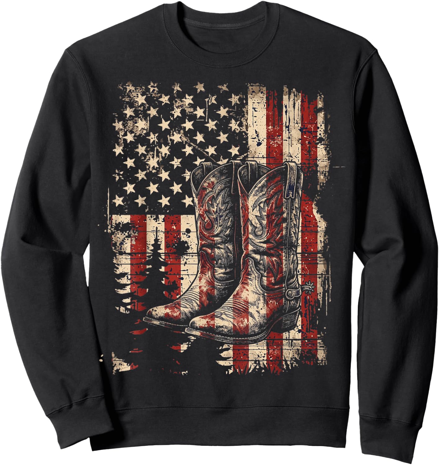 Retro Western Cowboy Boots Cowgirl American Flag 4th of July Sweatshirt - Sweatshirt | Black