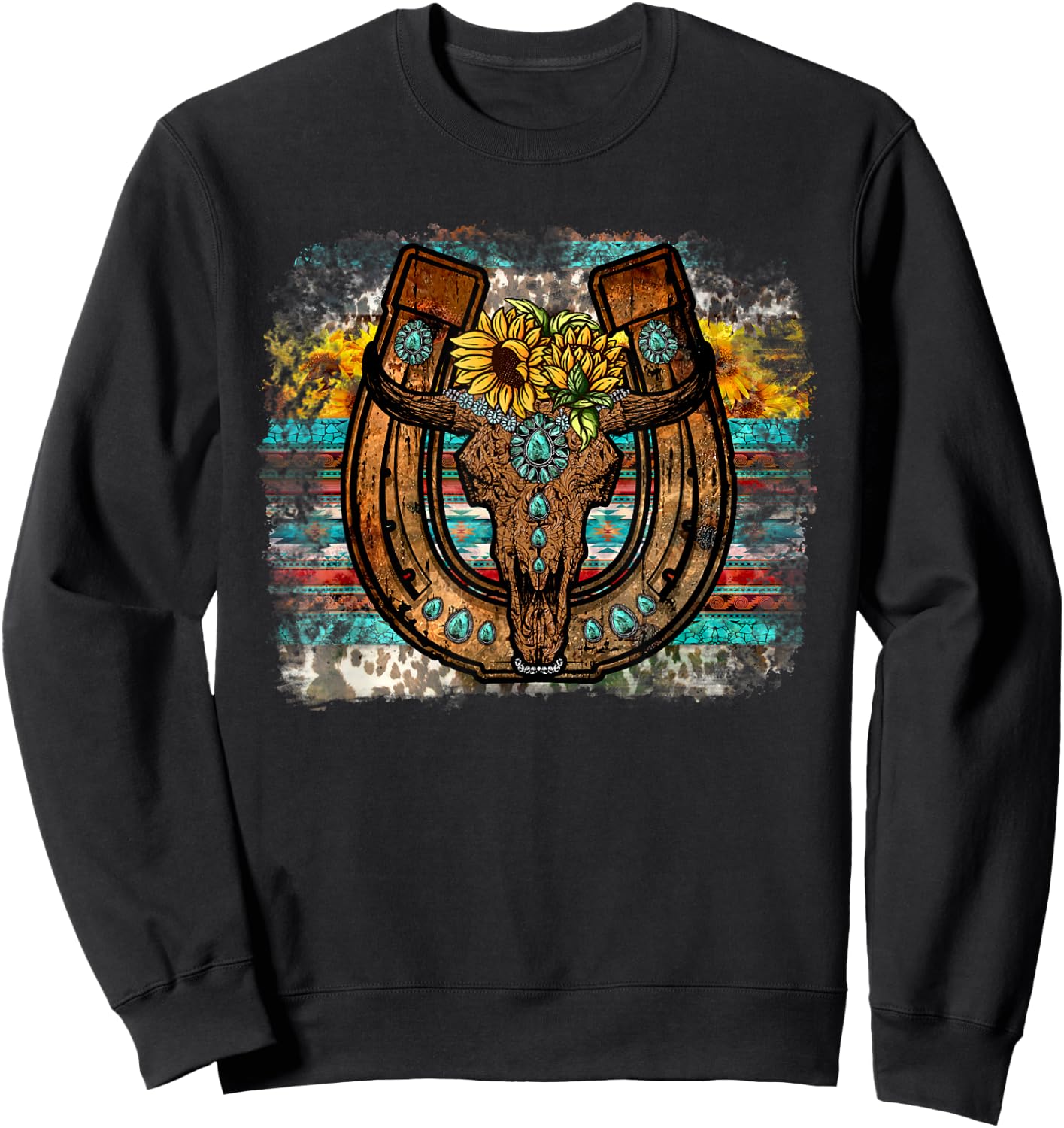 Cute Western Bull Sunflower Horseshoe Country Boho Sweatshirt - Sweatshirt | Black