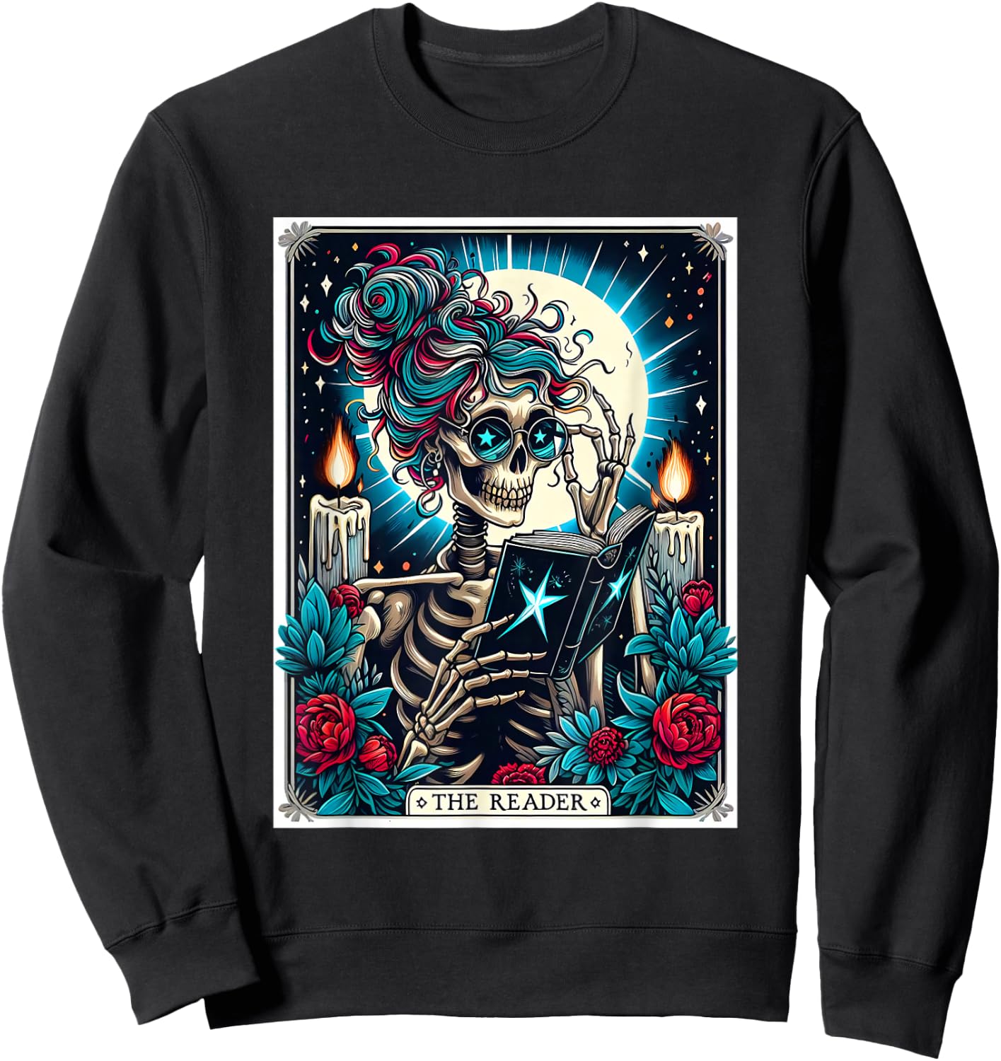 The Reader Tarot Card Funny Book Lover Skeleton Reading Book Sweatshirt - Sweatshirt | Black