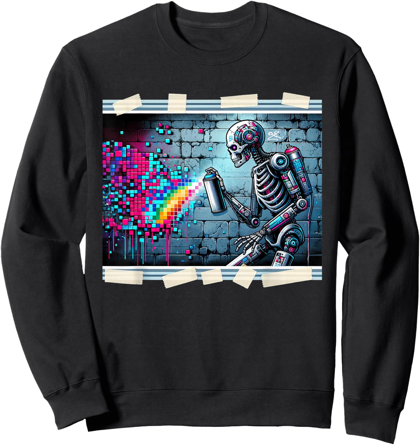 Cyberpunk Graffiti Robotic Skeleton Artist Cyborg Streetwear Sweatshirt - Sweatshirt | Black