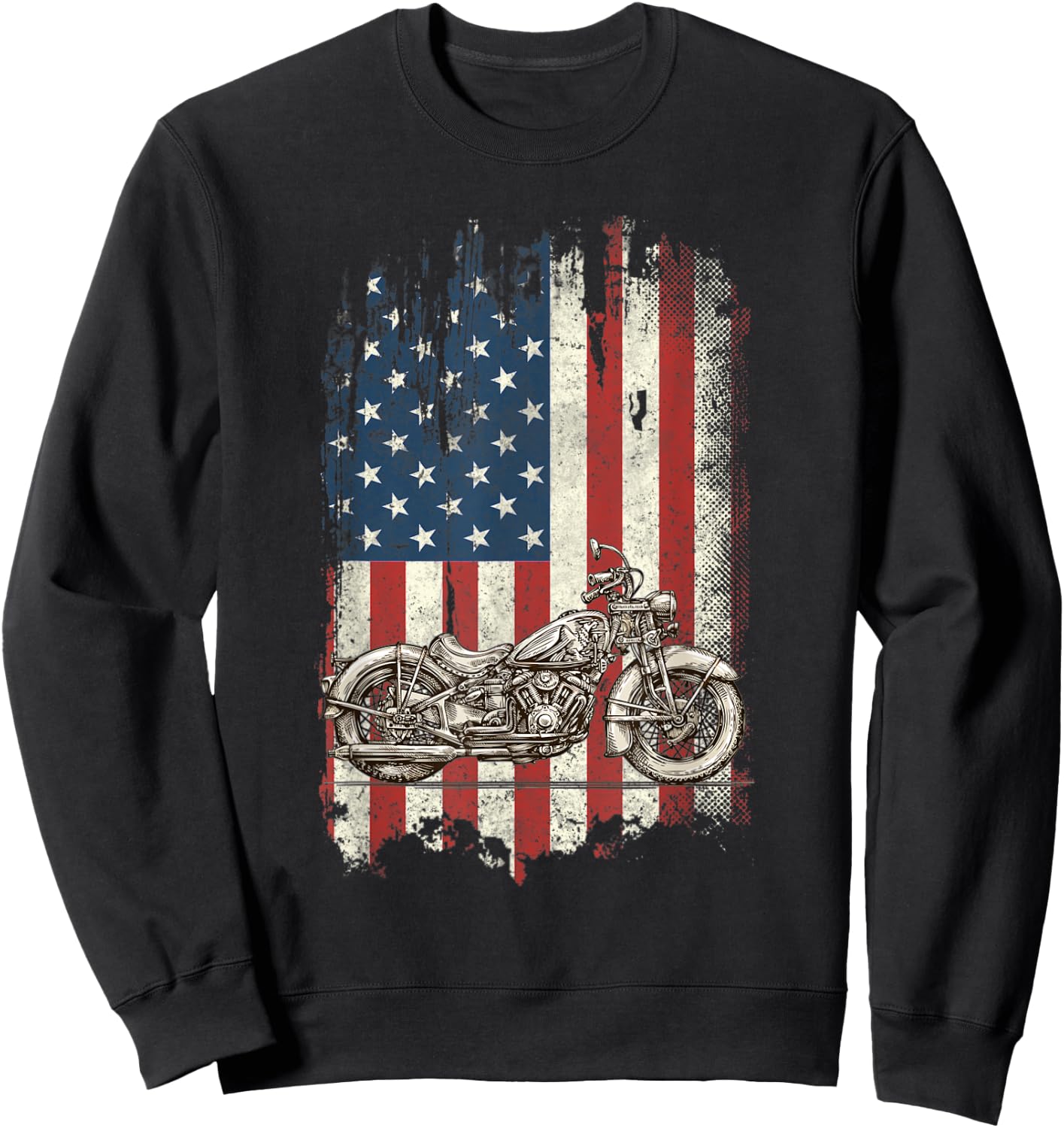 Motorcycle American Flag Distressed Vintage Biker Patriotic Women Kids Men Sweatshirt - Sweatshirt | Black