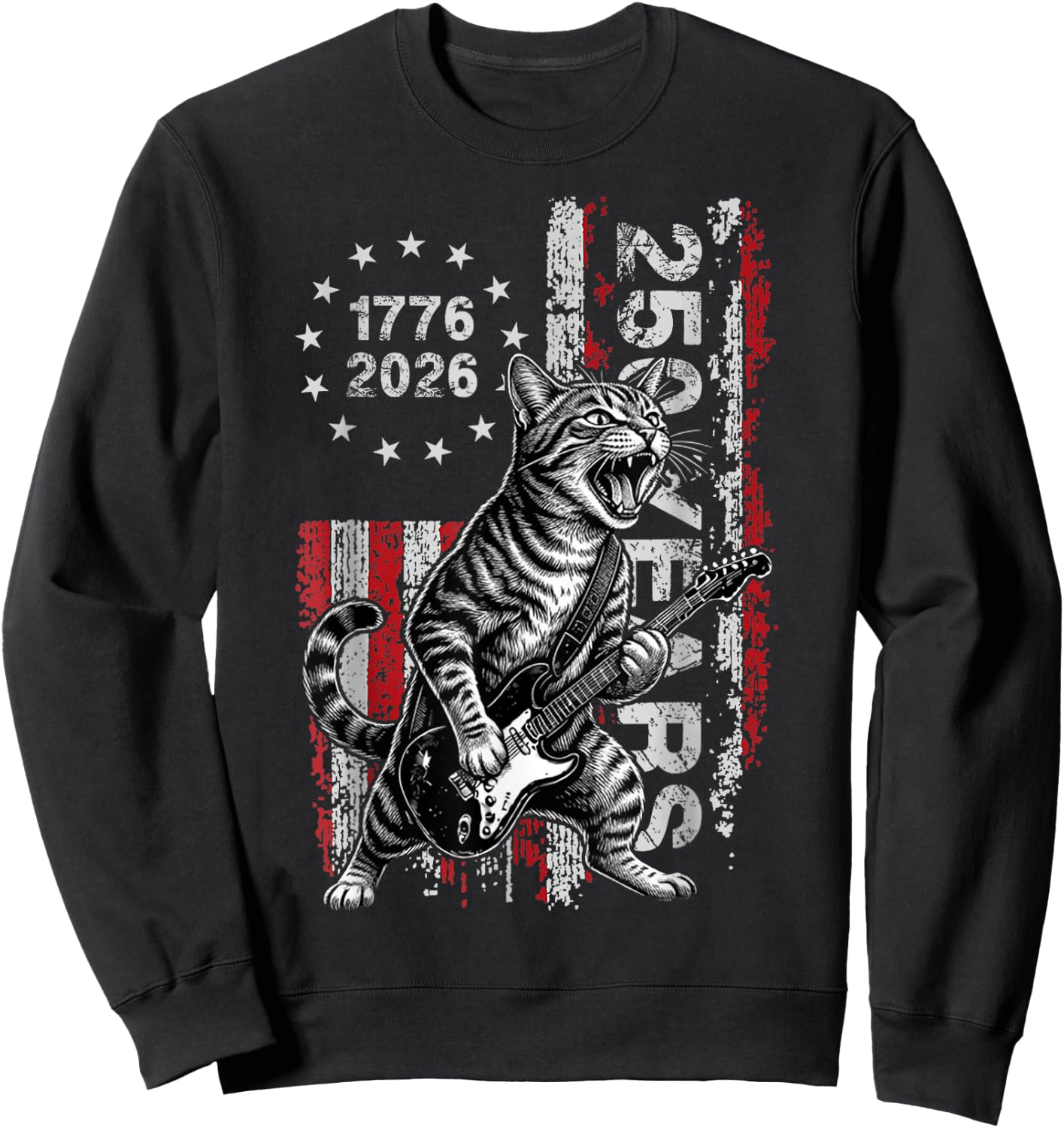 250 Years US Flag Cat Playing Guitar - Funny Patriotic Cat Sweatshirt - Sweatshirt | Black