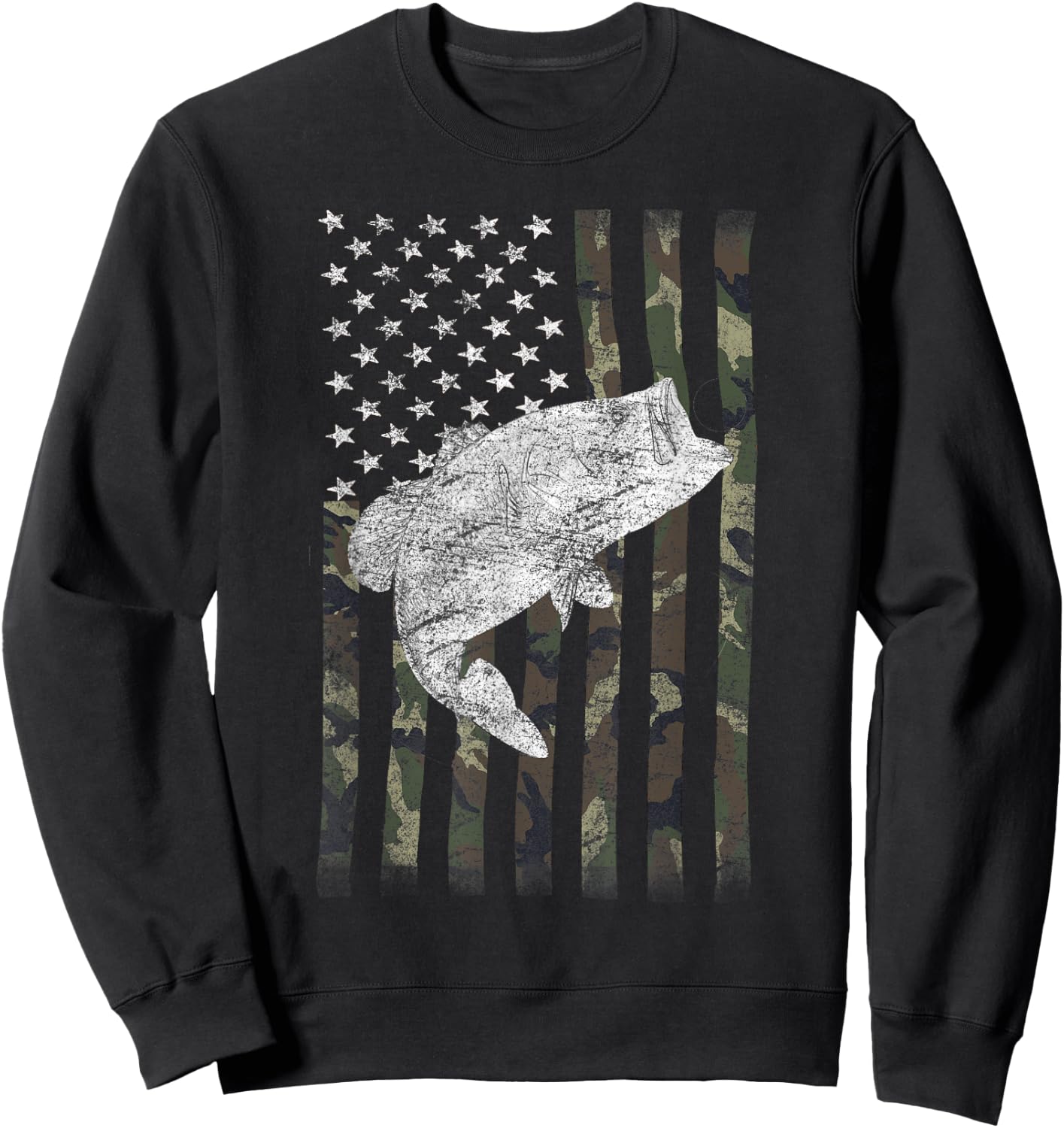 Bass Fishing US American Flag Large Mouth Camo Kids Men Sweatshirt - Sweatshirt | Black