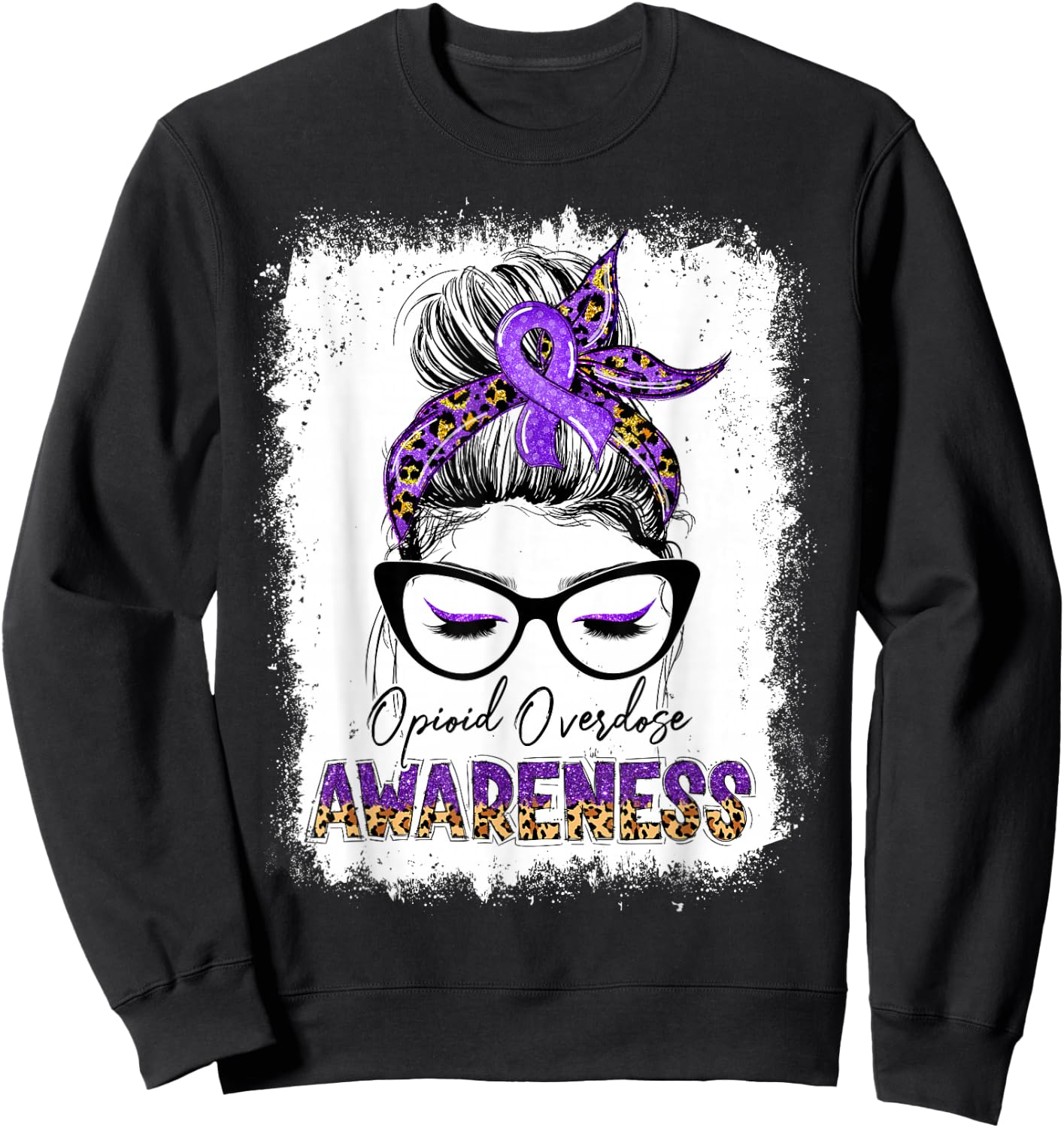 Leopard Messy Bun Opioid Overdose Awareness Purple Ribbon Sweatshirt - Sweatshirt | Black