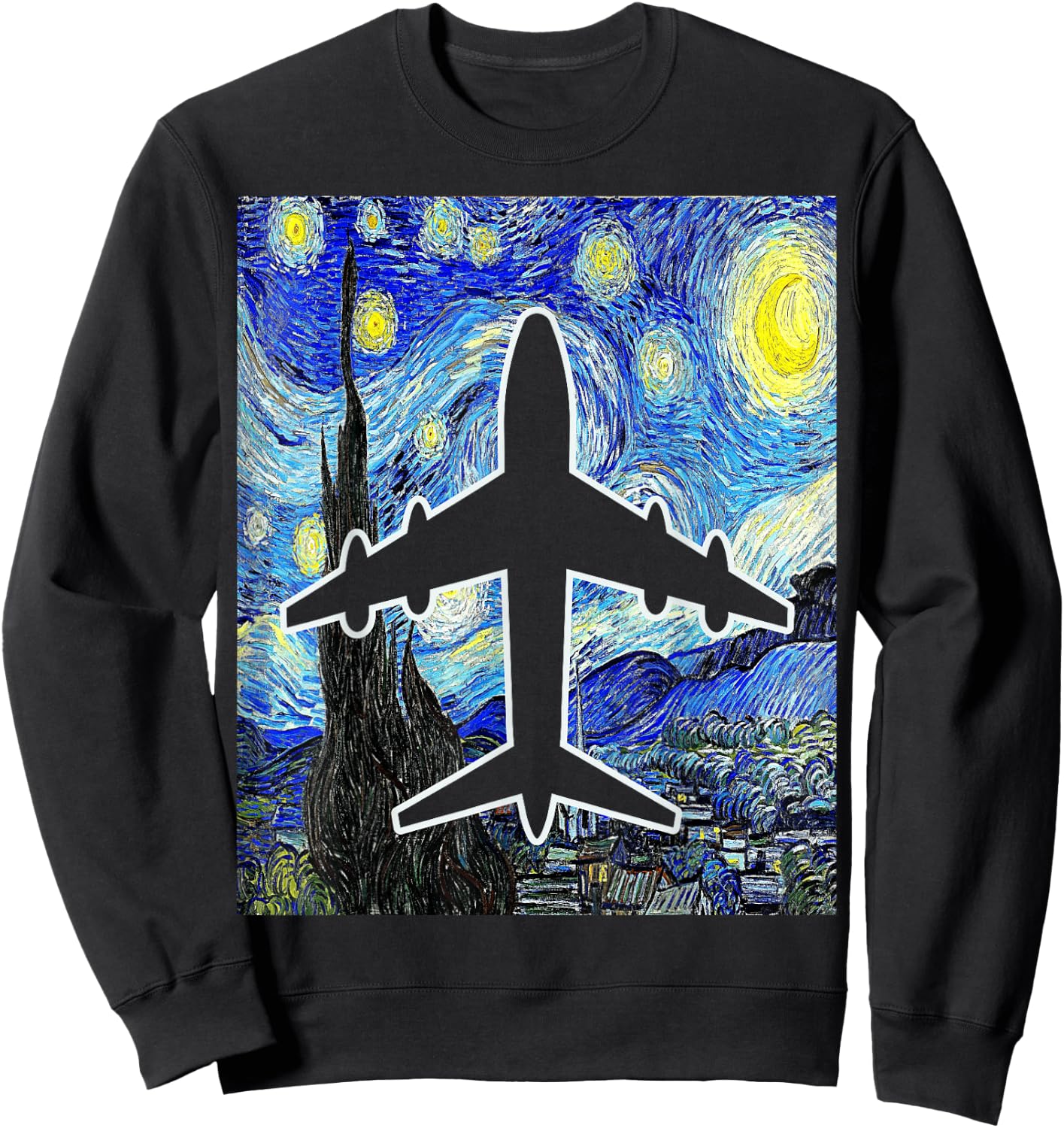 Airplane Starry Night Aviation Airplane Pilot Painting Sweatshirt - Sweatshirt | Black