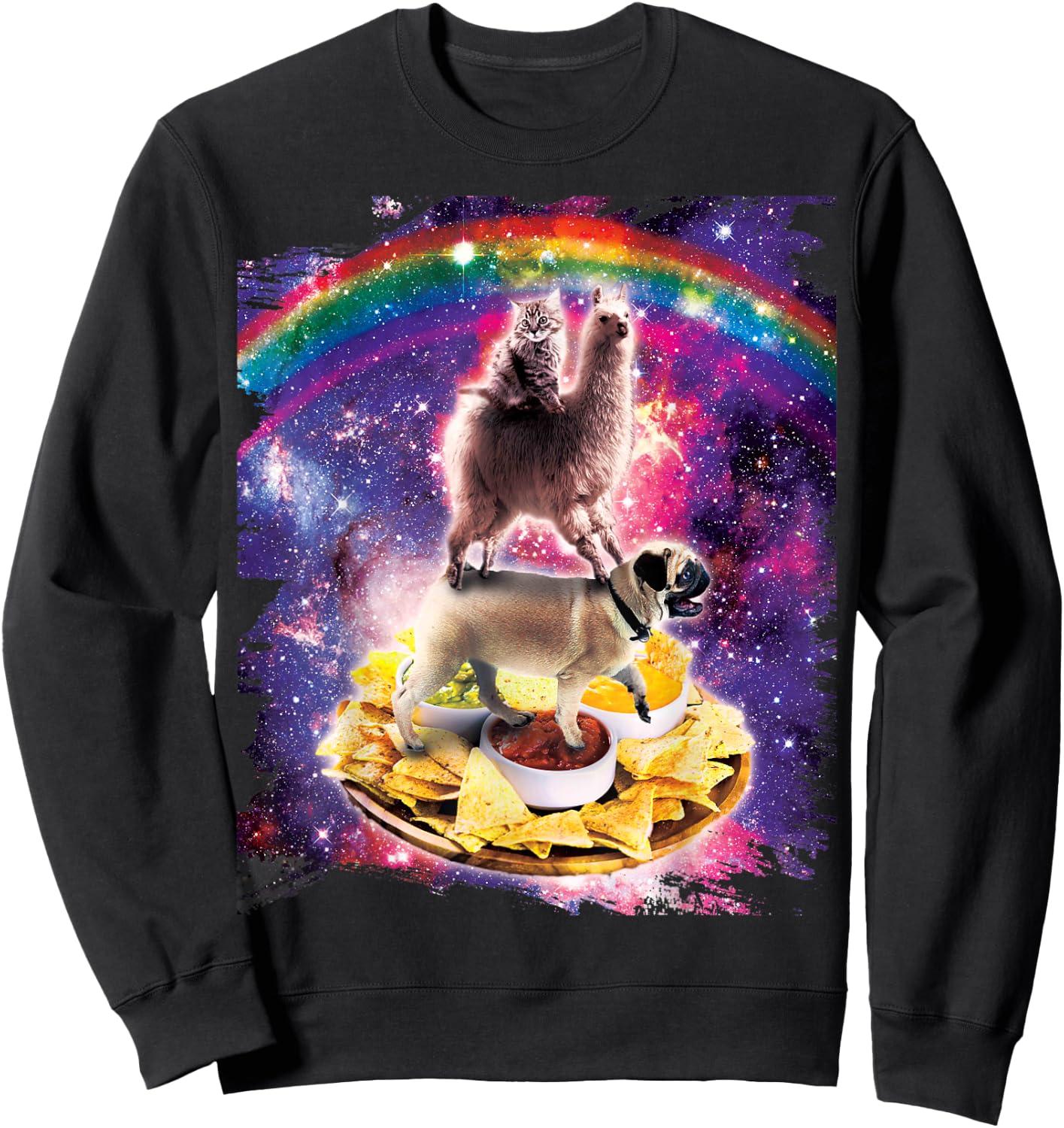 Space Cat Llama Pug Riding Nachos Men Women Kids Sweatshirt - Sweatshirt | Black