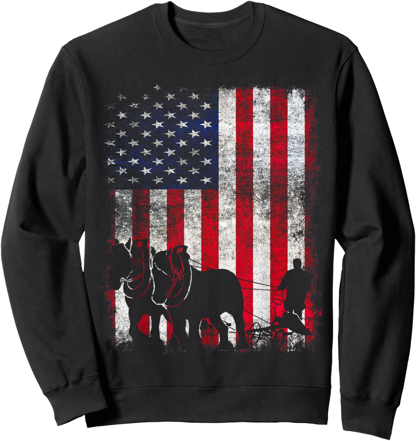 Draft Horse Patriotic American Flag Vintage Farmer Women Kids Men Sweatshirt - Sweatshirt | Black