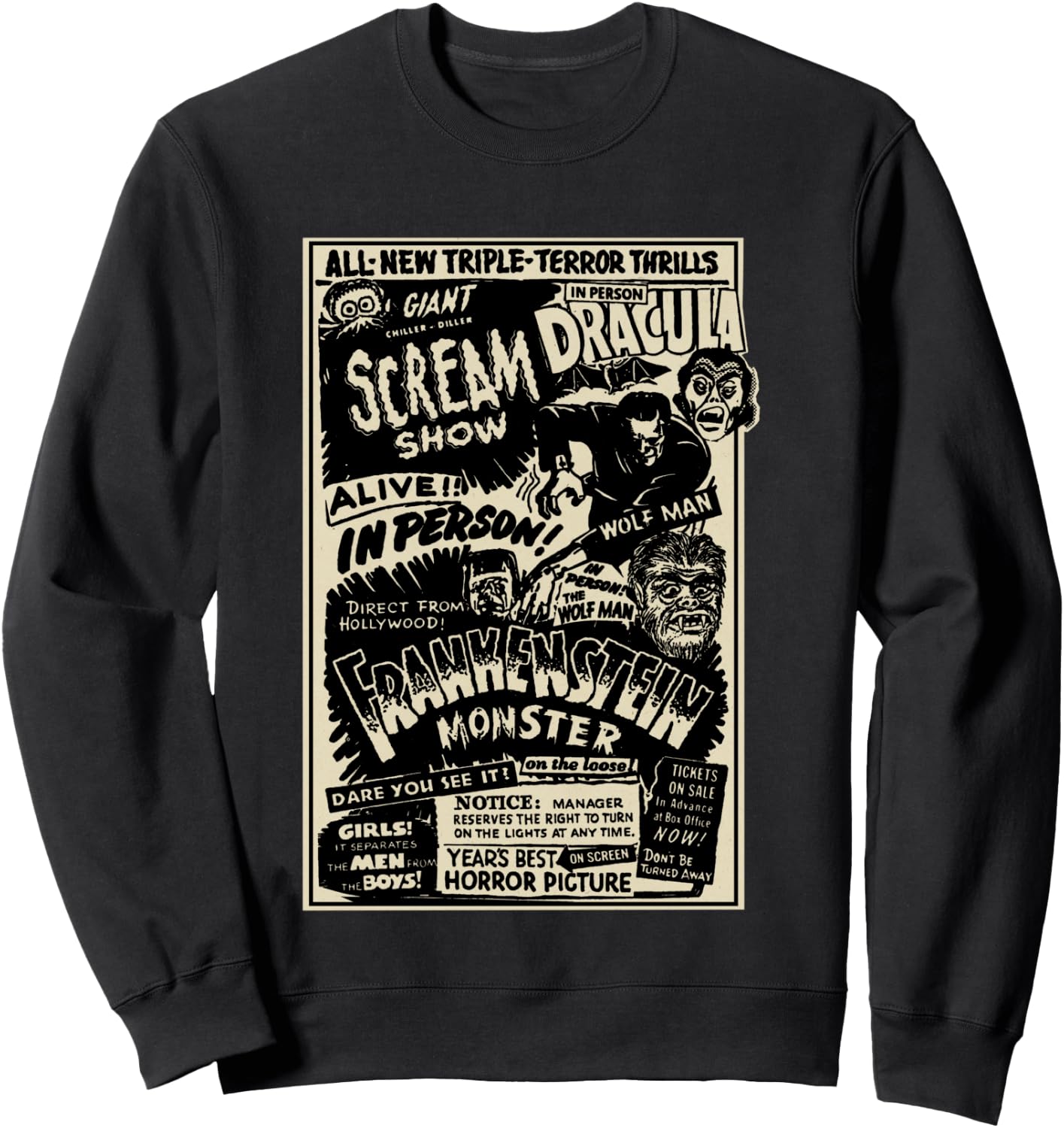 Horror Movie Monster Mummy Dracula Werewolf Frankenstein Sweatshirt - Sweatshirt | Black