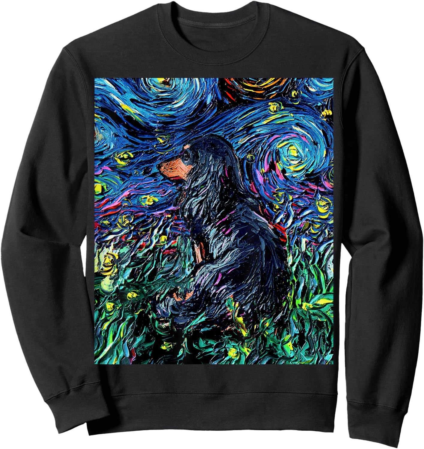 Black Long Hair Dachshund Starry Night Doxie Dog Artwork Sweatshirt - Sweatshirt | Black