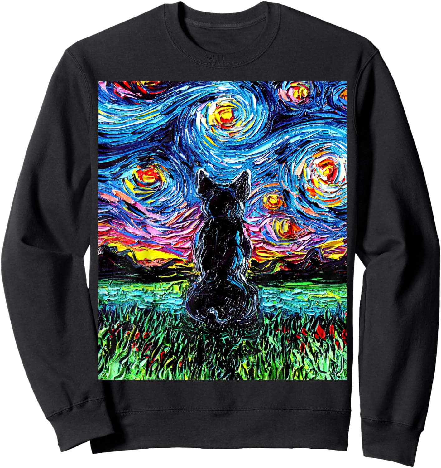 French Bulldog Starry Night Frenchie Dog Back Art by Aja Sweatshirt - Sweatshirt | Black