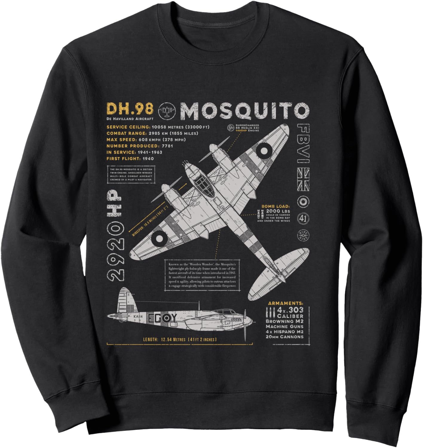 de Havilland Mosquito Fighter Bomber | British WW2 RAF DH.98 Sweatshirt - Sweatshirt | Black