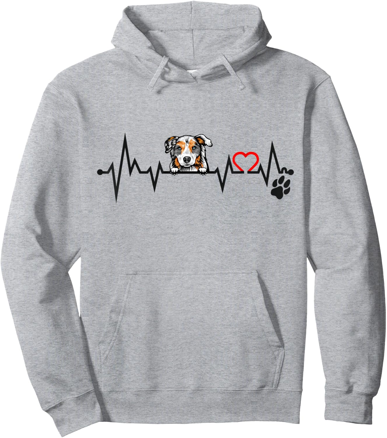 Peeking Australian Shepherd EKG Heartbeat With Paw Print Hoodie - Hoodie | Ash