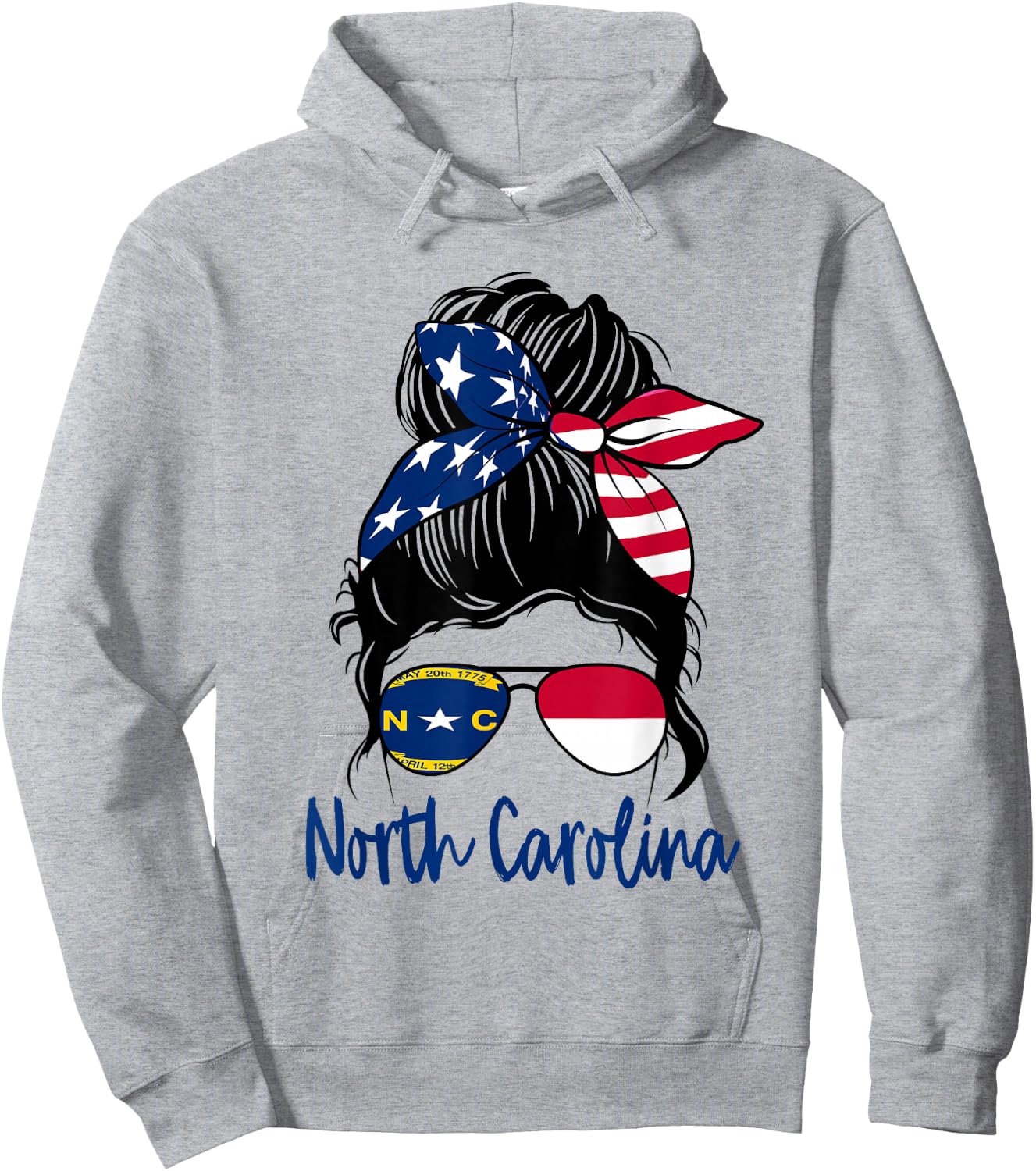 North Carolina Flag Messy bun Girl Patriotic Southern Pride Hoodie - Hoodie | Ash