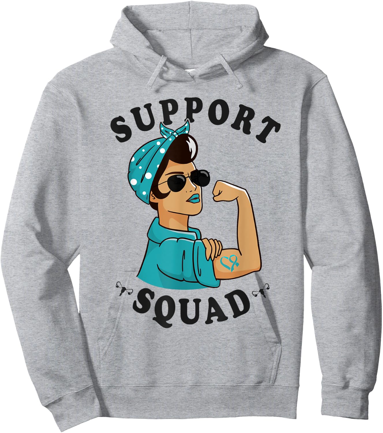 "Support Squad" Teal Ribbon Bandana Women Ovarian Cancer Hoodie - Hoodie | Ash