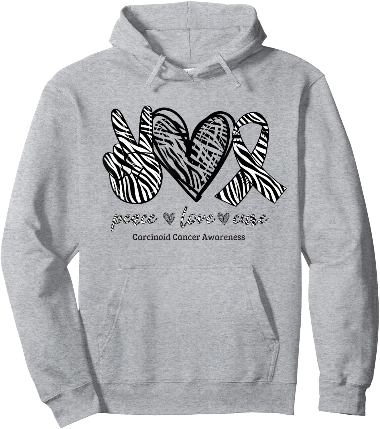 Peace Love Cure Zebra Ribbon Carcinoid Cancer Awareness Hoodie - Hoodie | Ash