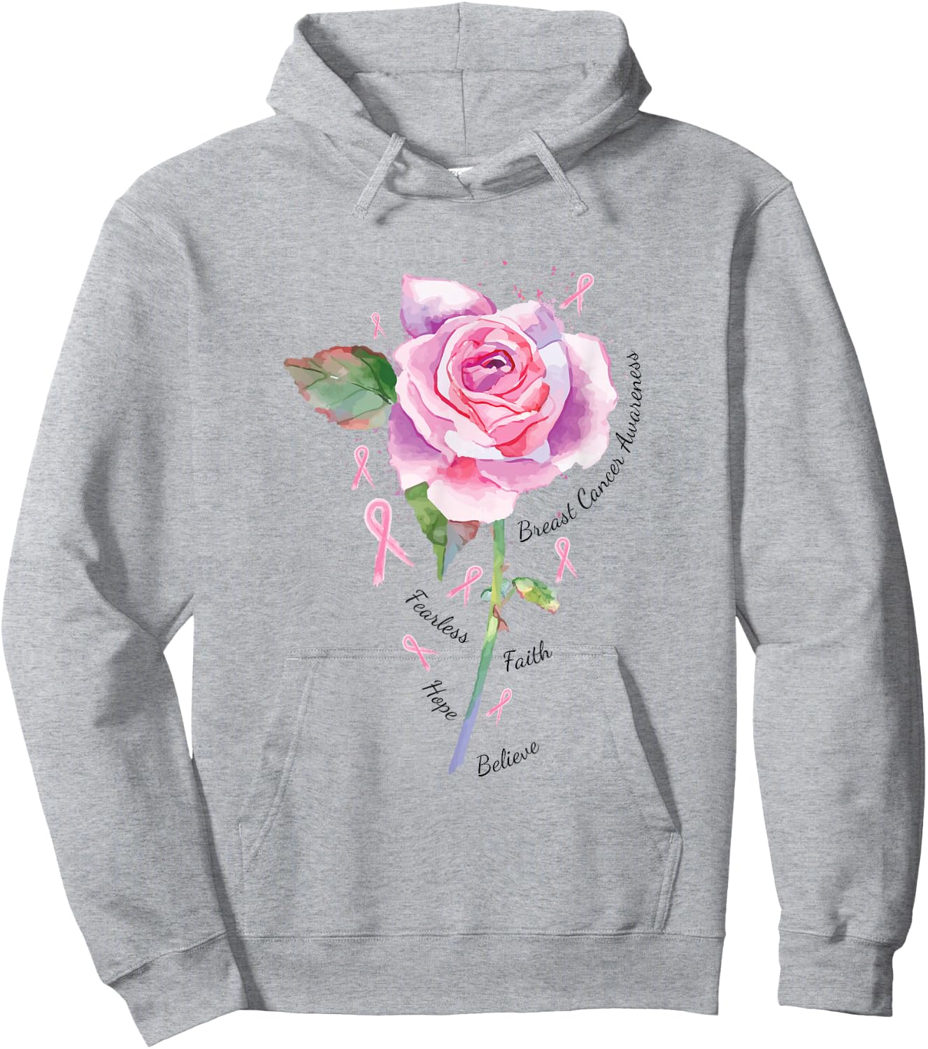 Breast Cancer Shirt Pink Ribbon Rose Fearless Faith Hope Hoodie - Hoodie | Ash