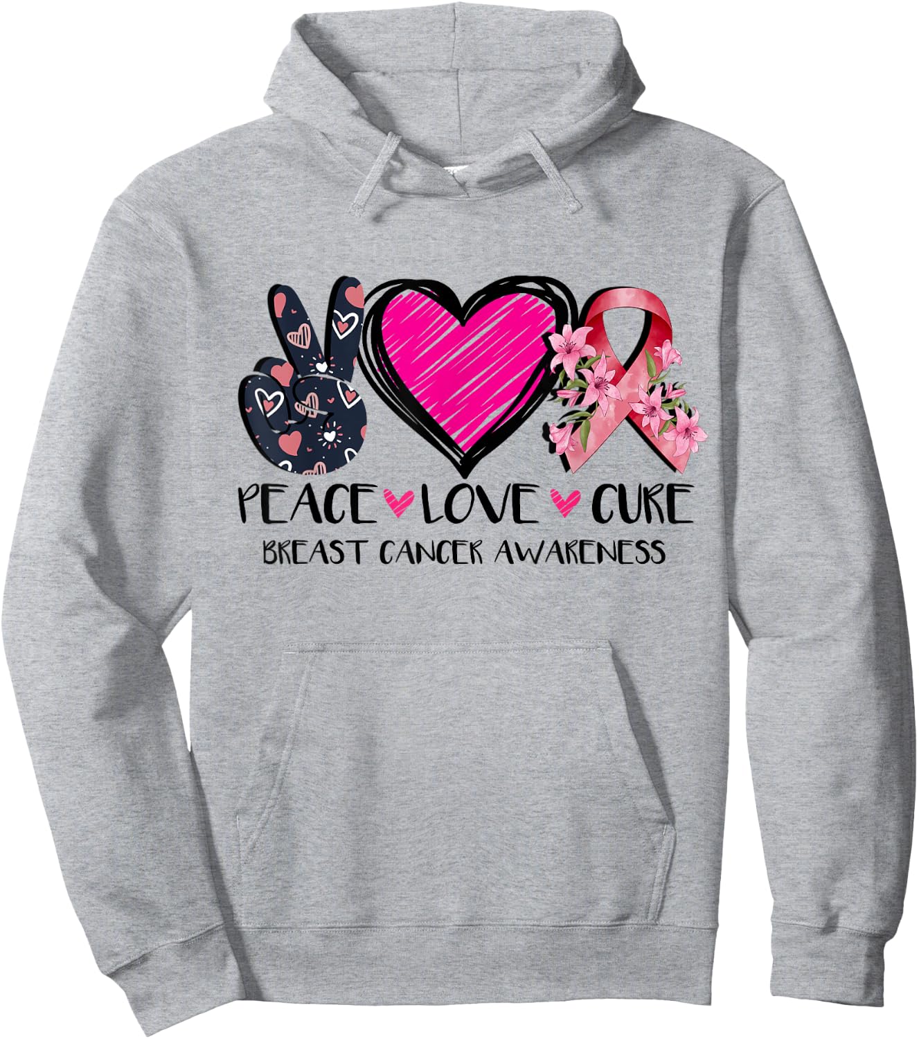 Peace Love Cure Breast Cancer Awareness Pink Ribbon Flower Hoodie - Hoodie | Ash