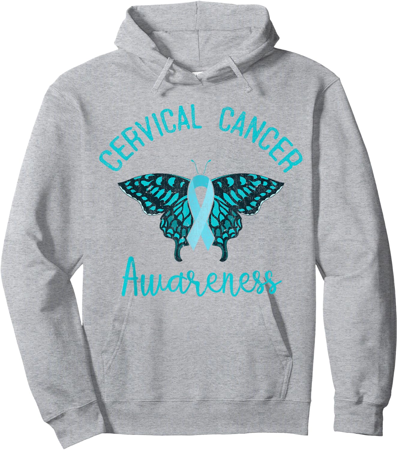 Teal Ribbon Butterfly Cancer Fight Cervical Cancer Awareness Hoodie - Hoodie | Ash