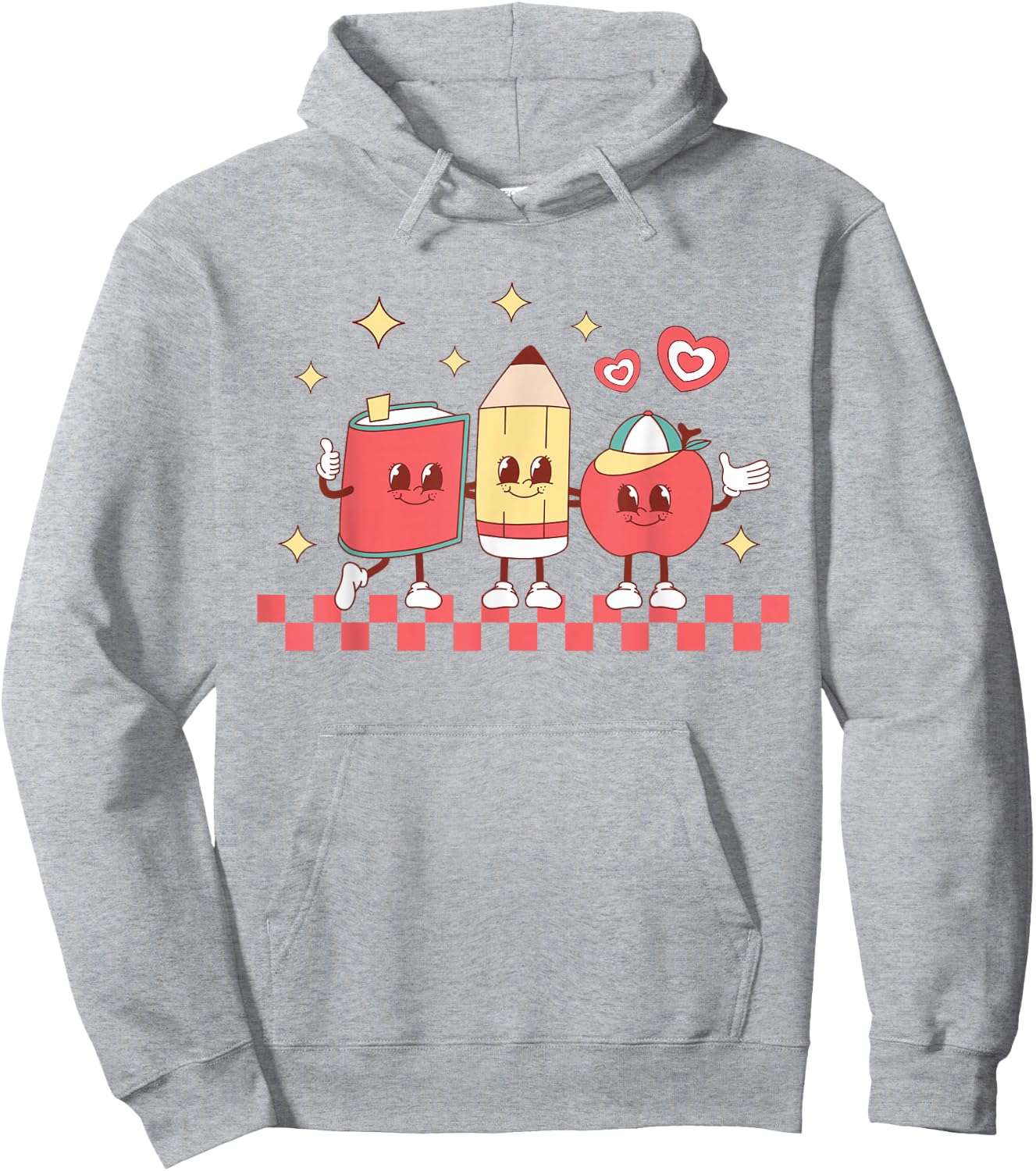 Cute Retro Checkered Apple with Face Teacher Pencil Trendy Hoodie - Hoodie | Ash
