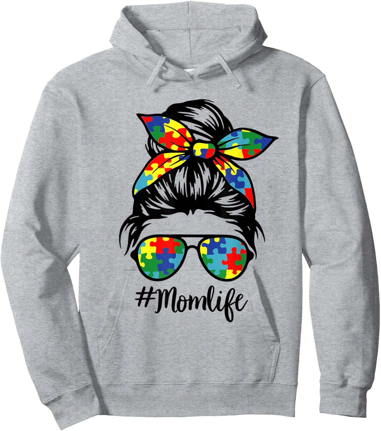 Autism Mom Life Puzzle Messy Bun Autism Awareness Month Hoodie - Hoodie | Ash