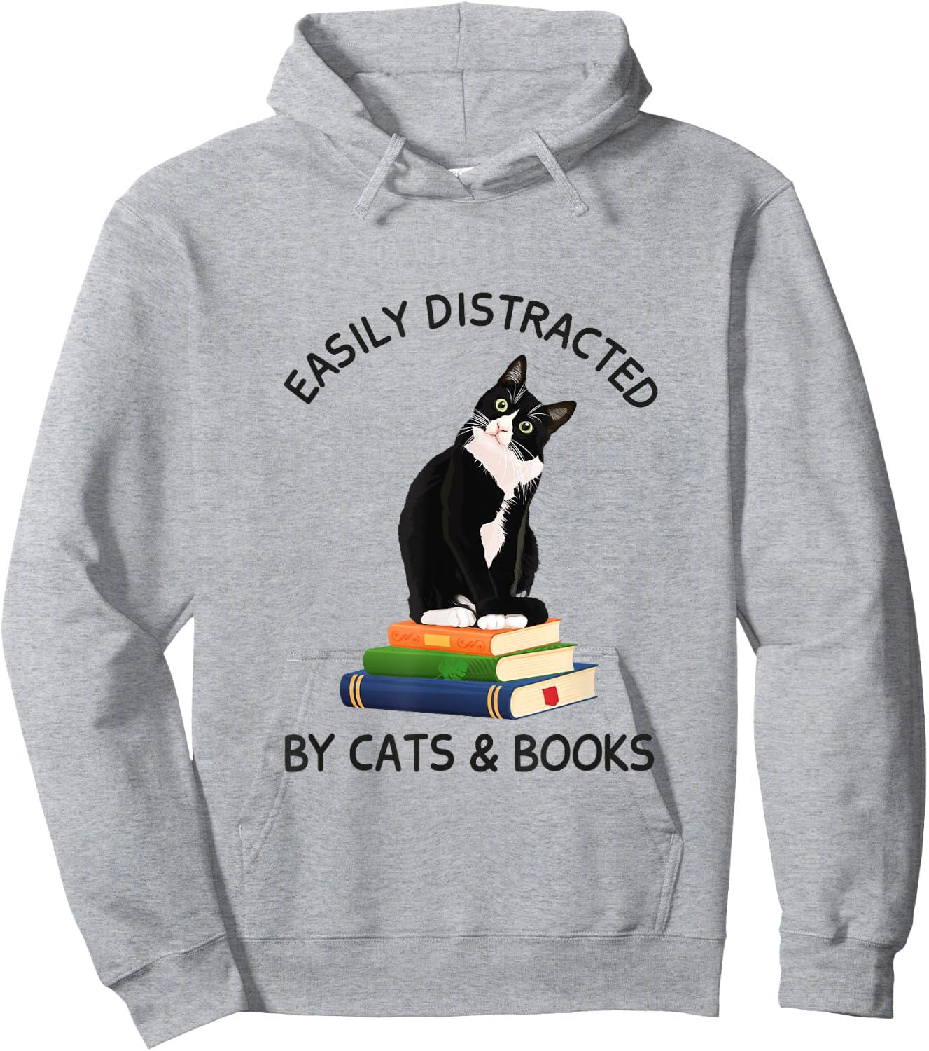 Easily Distracted By Cats And Books, Cat On A Pile Of Books Women Kids Hoodie - Hoodie | Ash