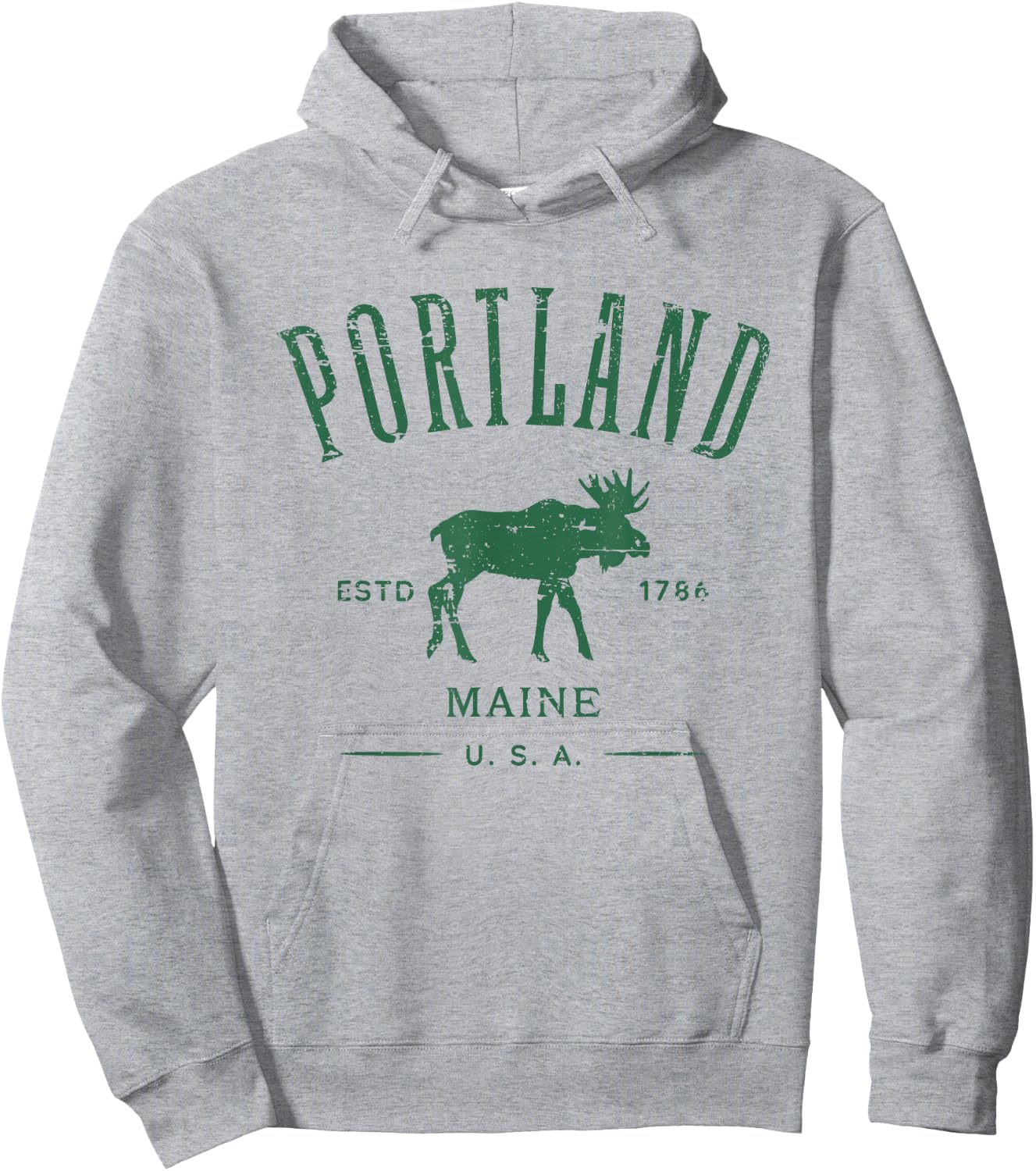 Portland Maine USA with Moose Distressed Design Souvenir Hoodie - Hoodie | Ash