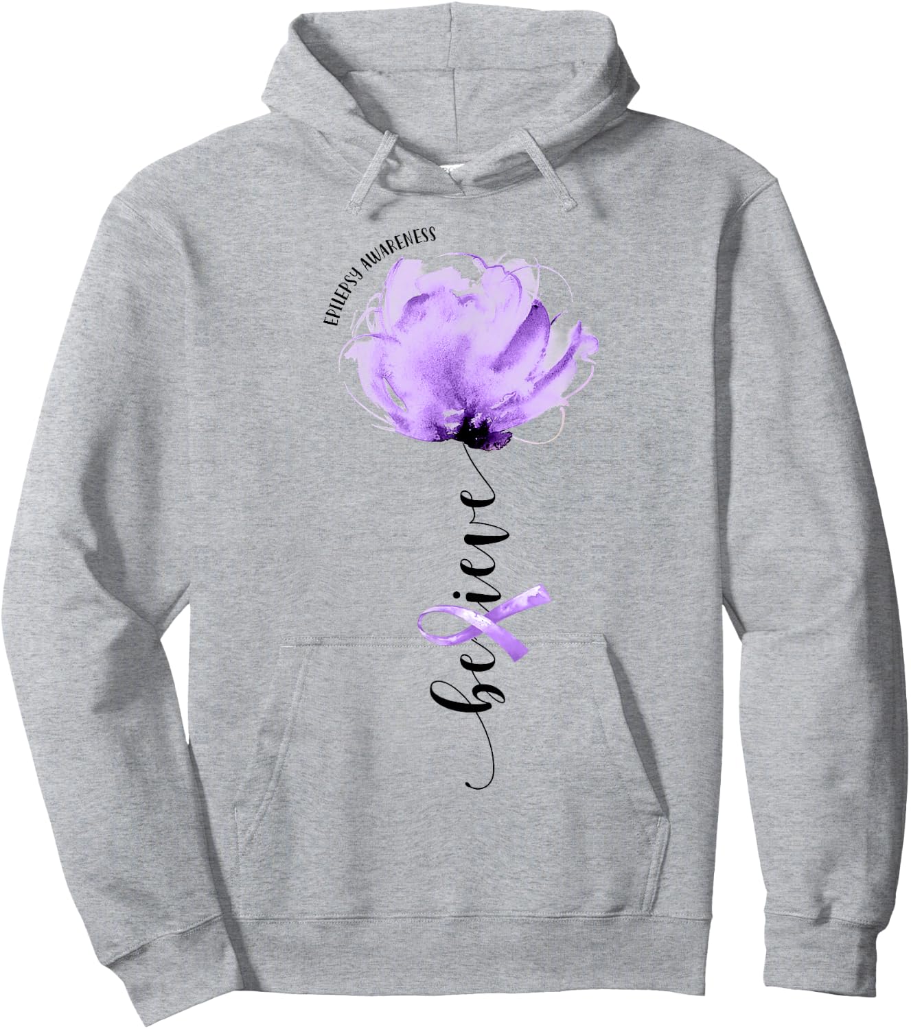 Believe Epilepsy Awareness Purple Ribbon Flower Lovers Hoodie - Hoodie | Ash