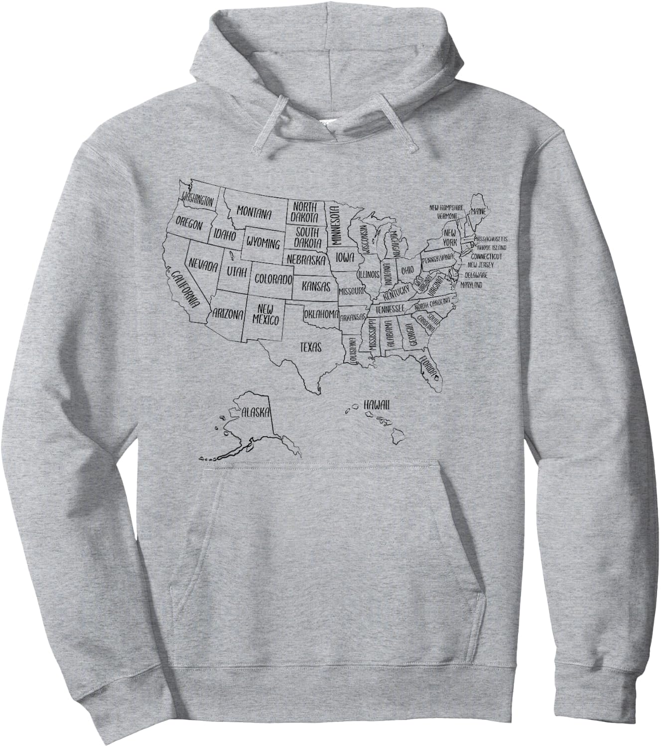 Black Outline Map of the 50 United States, USA Political map Hoodie - Hoodie | Ash