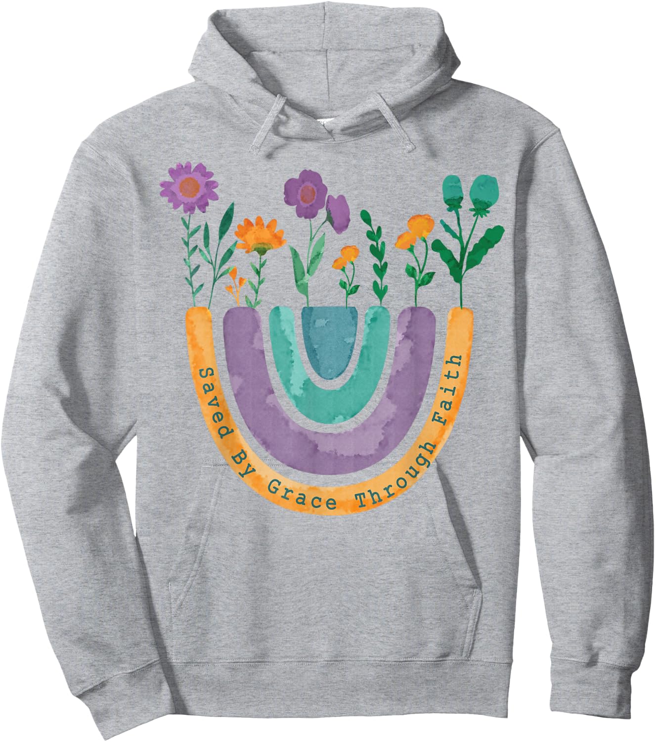 Saved By Grace Through Faith Christian Rainbow Wildflowers Hoodie - Hoodie | Ash