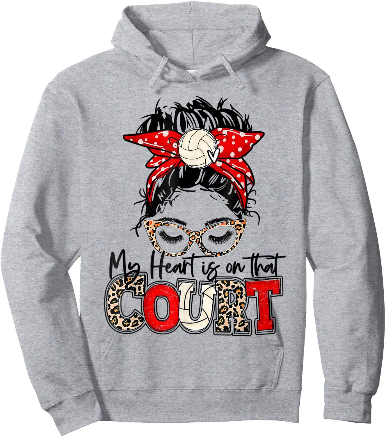 Leopard Messy Bun My Heart Is On That Court Volleyball Vibes Hoodie - Hoodie | Ash