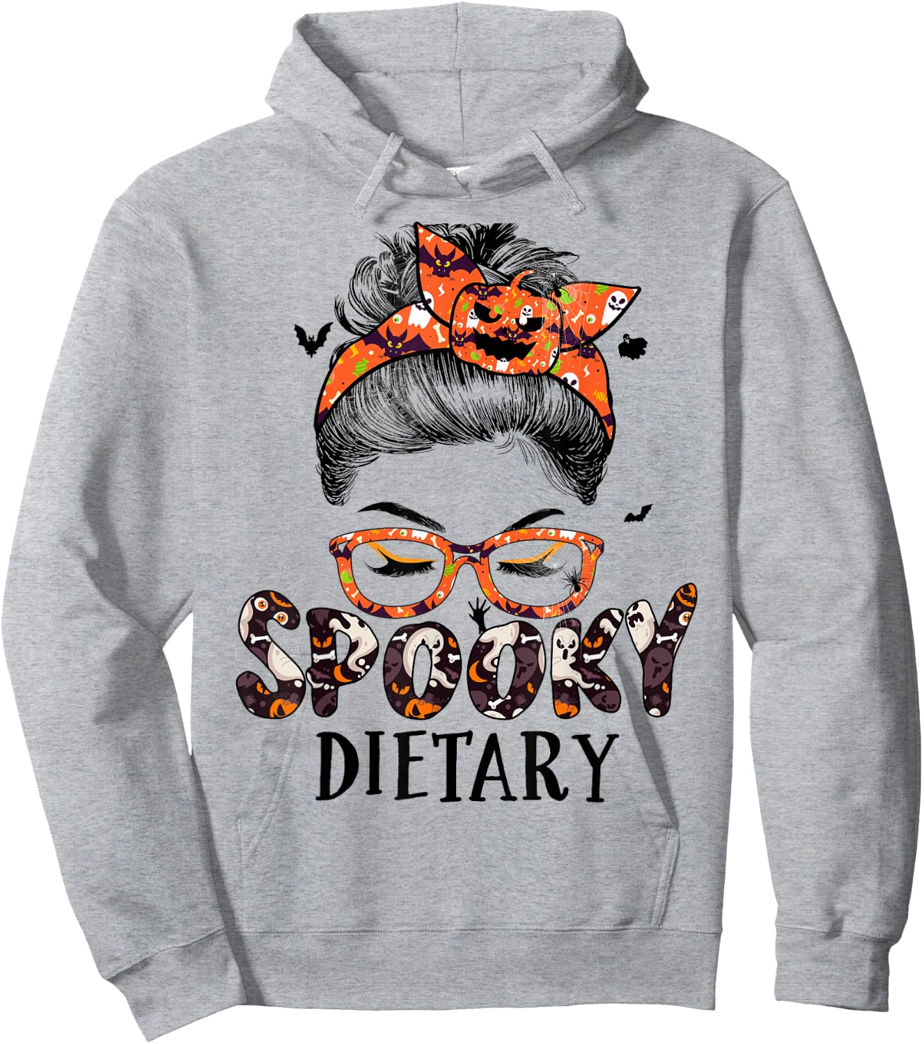 Messy Bun Spooky Dietary Women Pumpkin Halloween Bat Hoodie - Hoodie | Ash