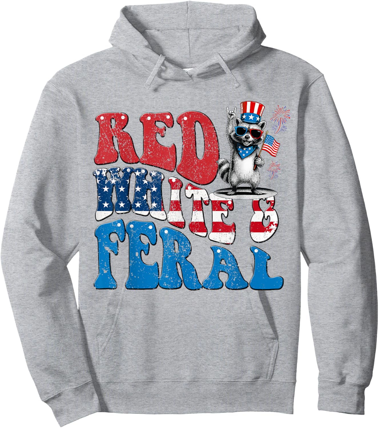 Red White and Feral Funny Raccoon USA 4th Of July Boys Kids Hoodie - Hoodie | Ash