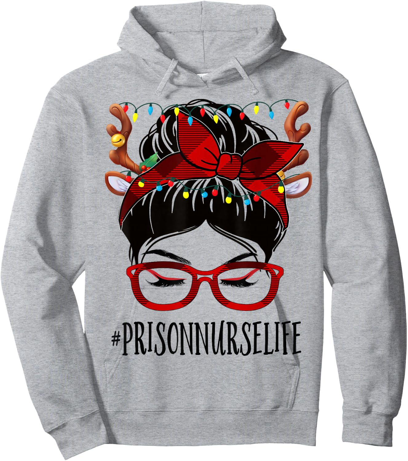 Prison Nurse Life Christmas Woman Messy Bun Buffalo Xmas Hoodie - Hoodie | Ash