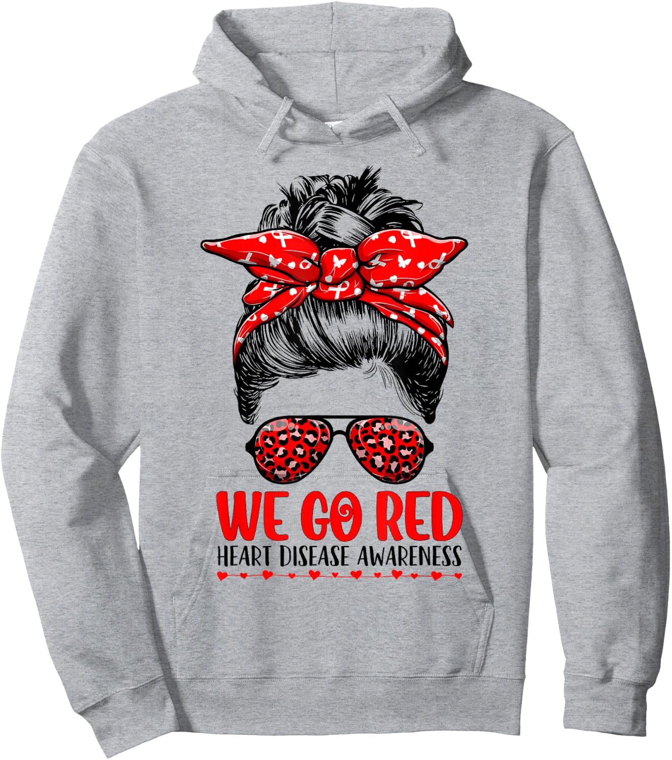 Go Red Messy Bun Women In February - Heart Disease Awareness Hoodie - Hoodie | Ash