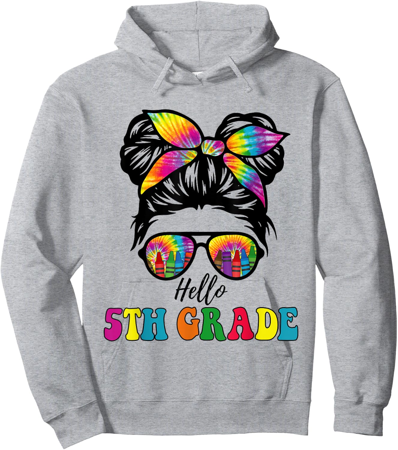 Hello 5th Grade Tie Dye Messy Bun Girl Back to School Kid Hoodie - Hoodie | Ash