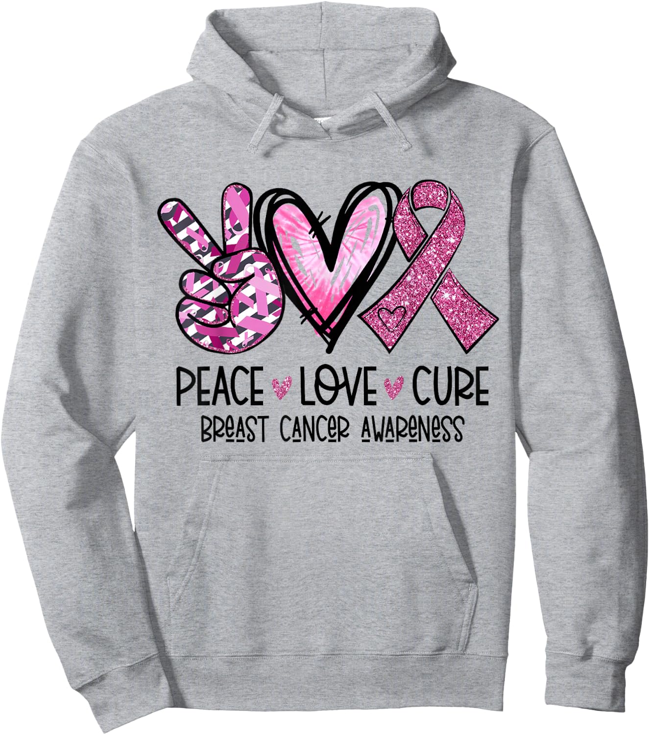 Peace Love Cure Pink Ribbon Cancer Breast Awareness Hoodie - Hoodie | Ash