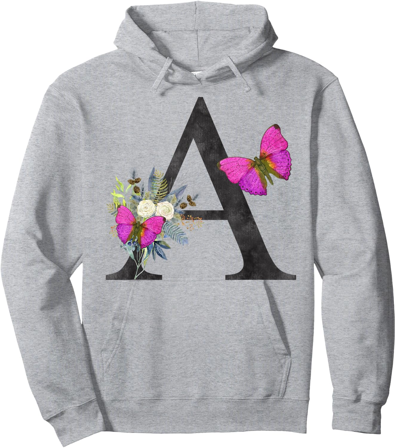 Initial A Letter Butterfly Rose Flowers Watercolor Monogram Hoodie - Hoodie | Ash