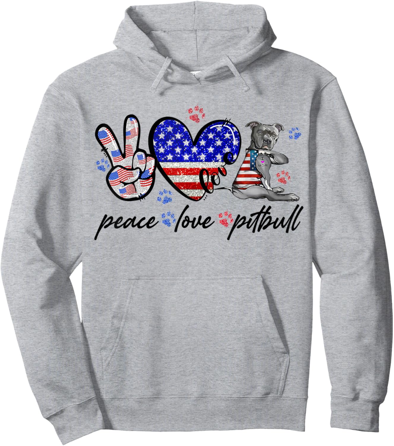 Peace Love Pitbull 4th of July American Flag USA Hoodie - Hoodie | Ash