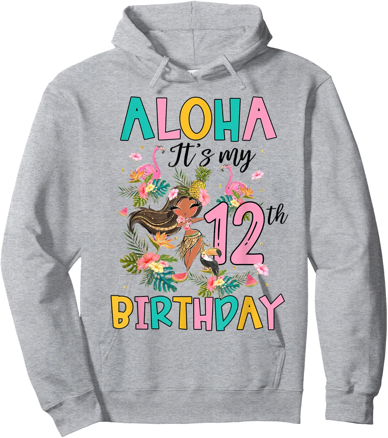 Aloha It's My 12th Birthday Hawaii Girls Flamingo 12 Yrs Old Hoodie - Hoodie | Ash