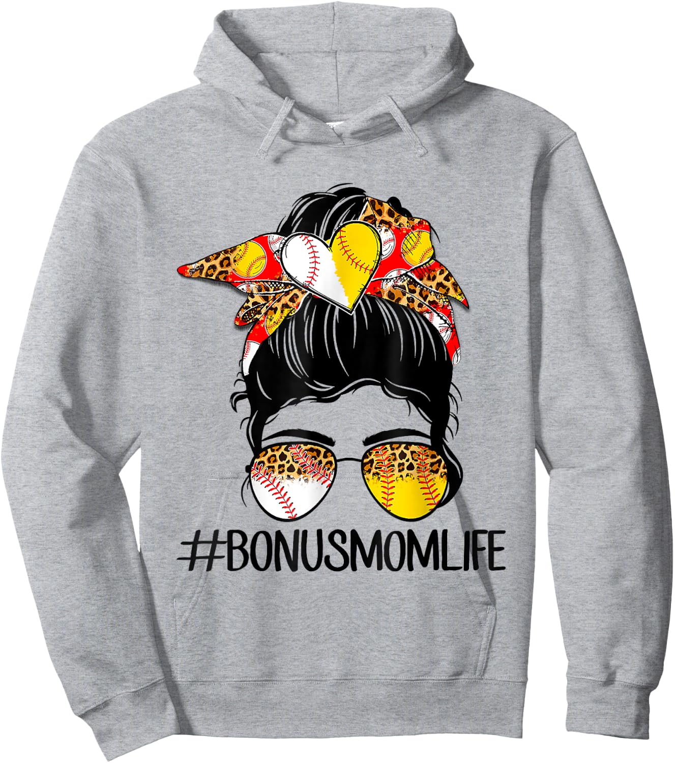 Bonus Mom Life Softball Baseball Mother's Day Messy Bun Hoodie - Hoodie | Ash