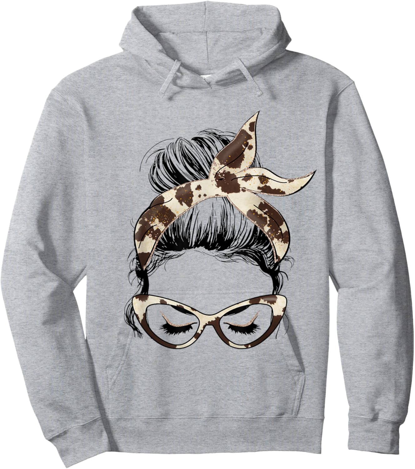 Mom Life Messy Bun Hair Bandana Cow Hide Print Hoodie - Hoodie | Ash
