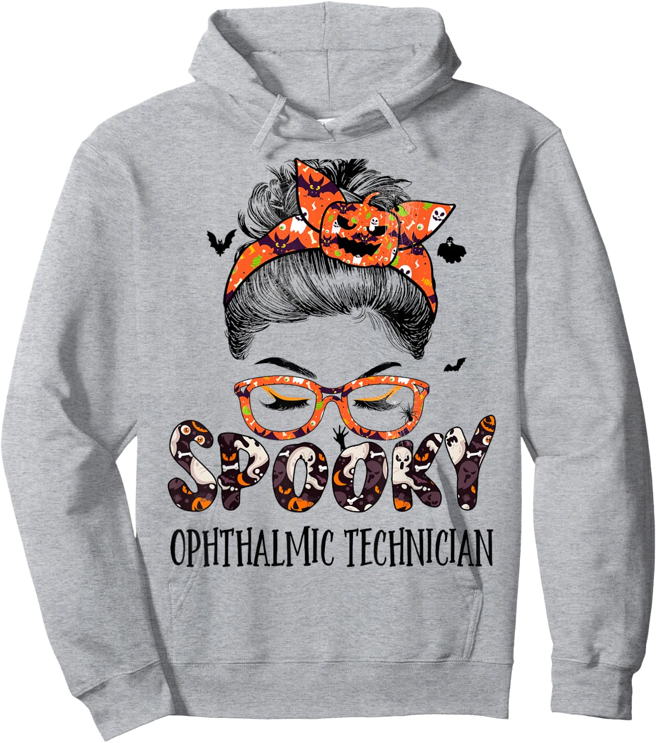 Messy Bun Spooky Ophthalmic Technician Pumpkin Halloween Bat Hoodie - Hoodie | Ash
