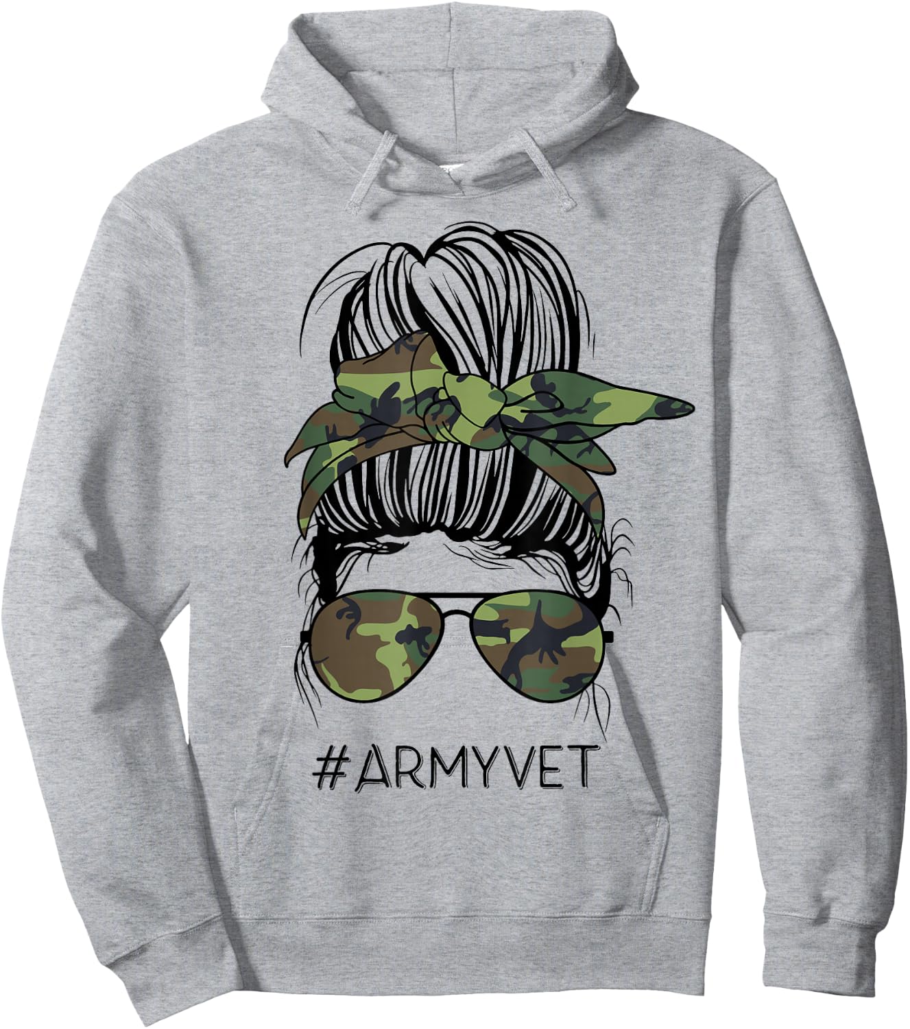 Army Vet Life Messy Bun Camo Print Sunglasses Veterans Day Hoodie - Hoodie | Ash