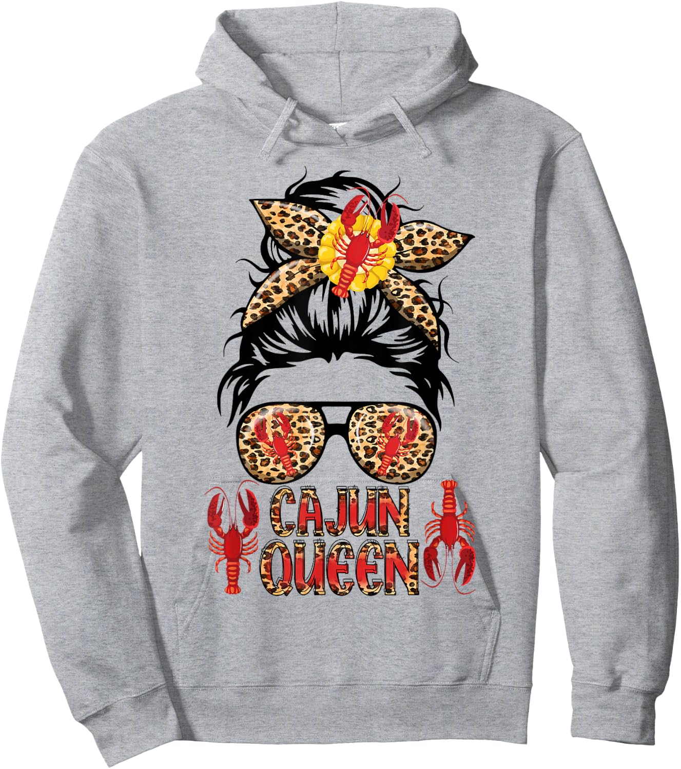 Cajun Queen Crawfish Leoapard Messy Bun Sunglasses Lobster Hoodie - Hoodie | Ash