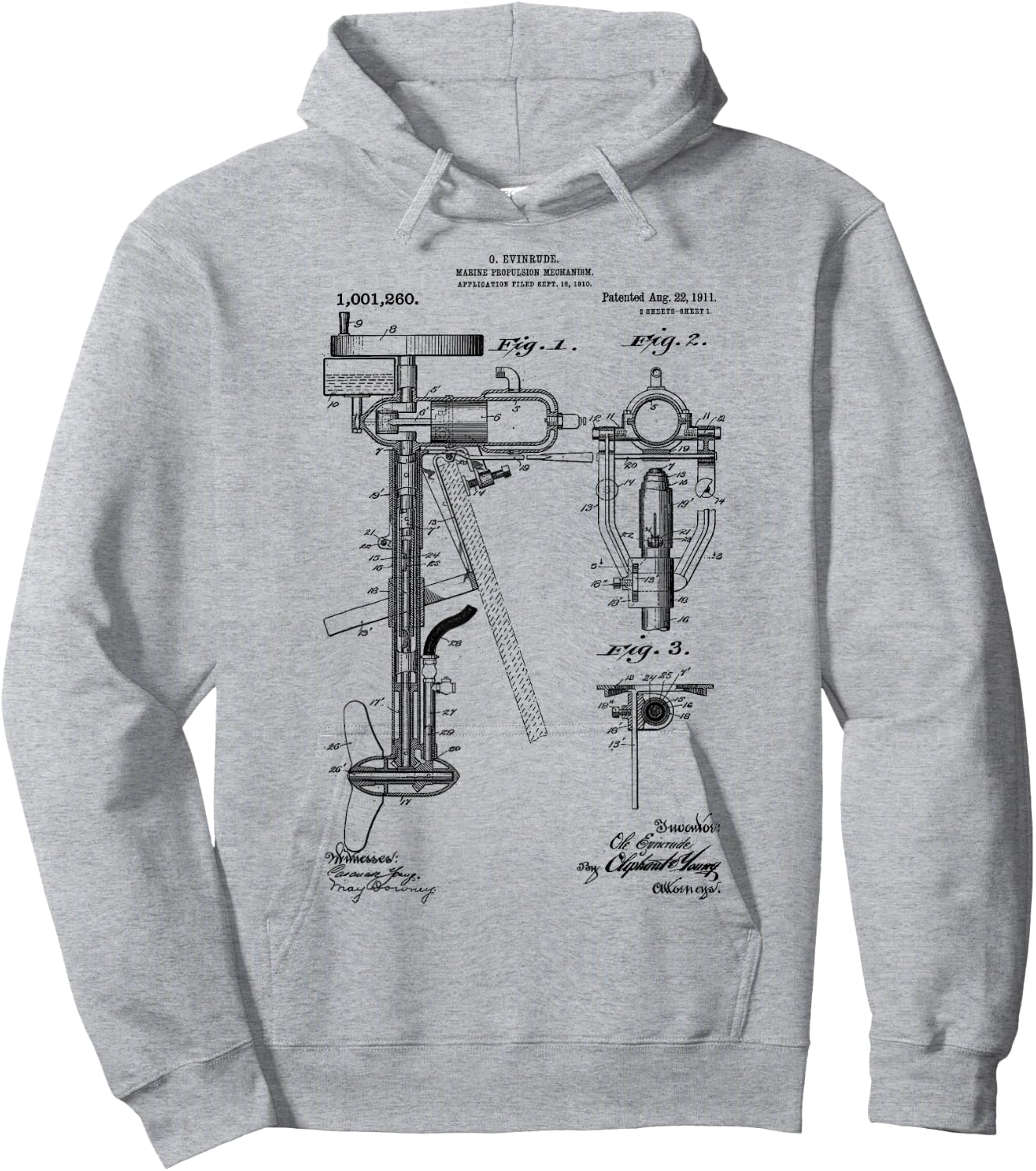 Vintage Patent Print 1911 Outboard Motor Blueprint Drawings Hoodie - Hoodie | Ash