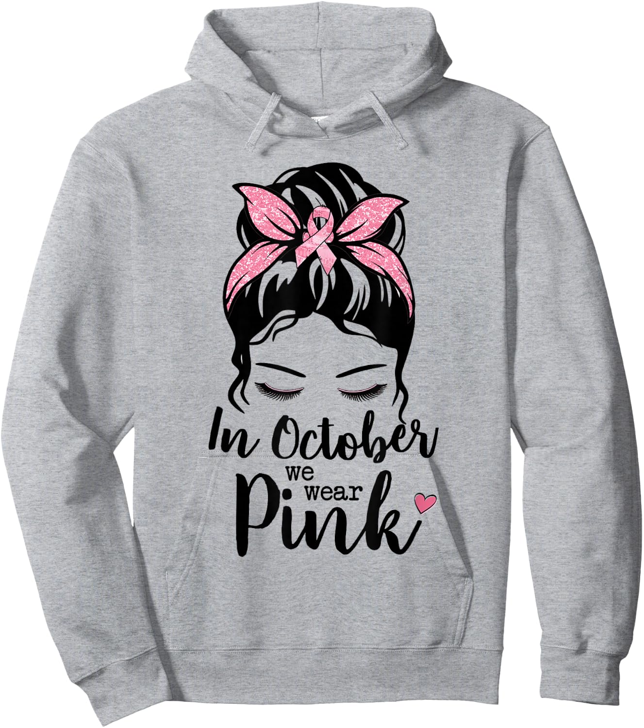 In October We Wear Pink Messy Bun Breast Cancer Awareness Hoodie - Hoodie | Ash