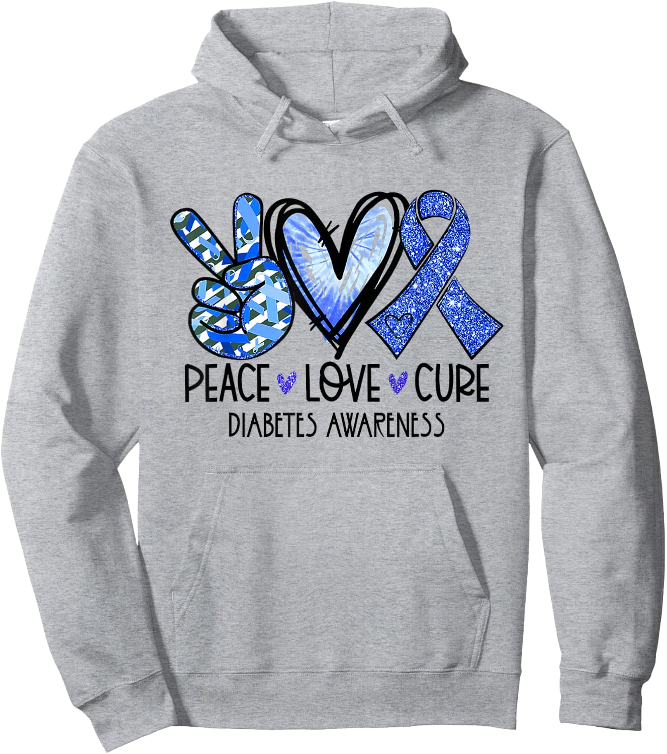 Peace Love Cure Type 1 Diabetes Awareness T1D Blue Ribbon Hoodie - Hoodie | Ash