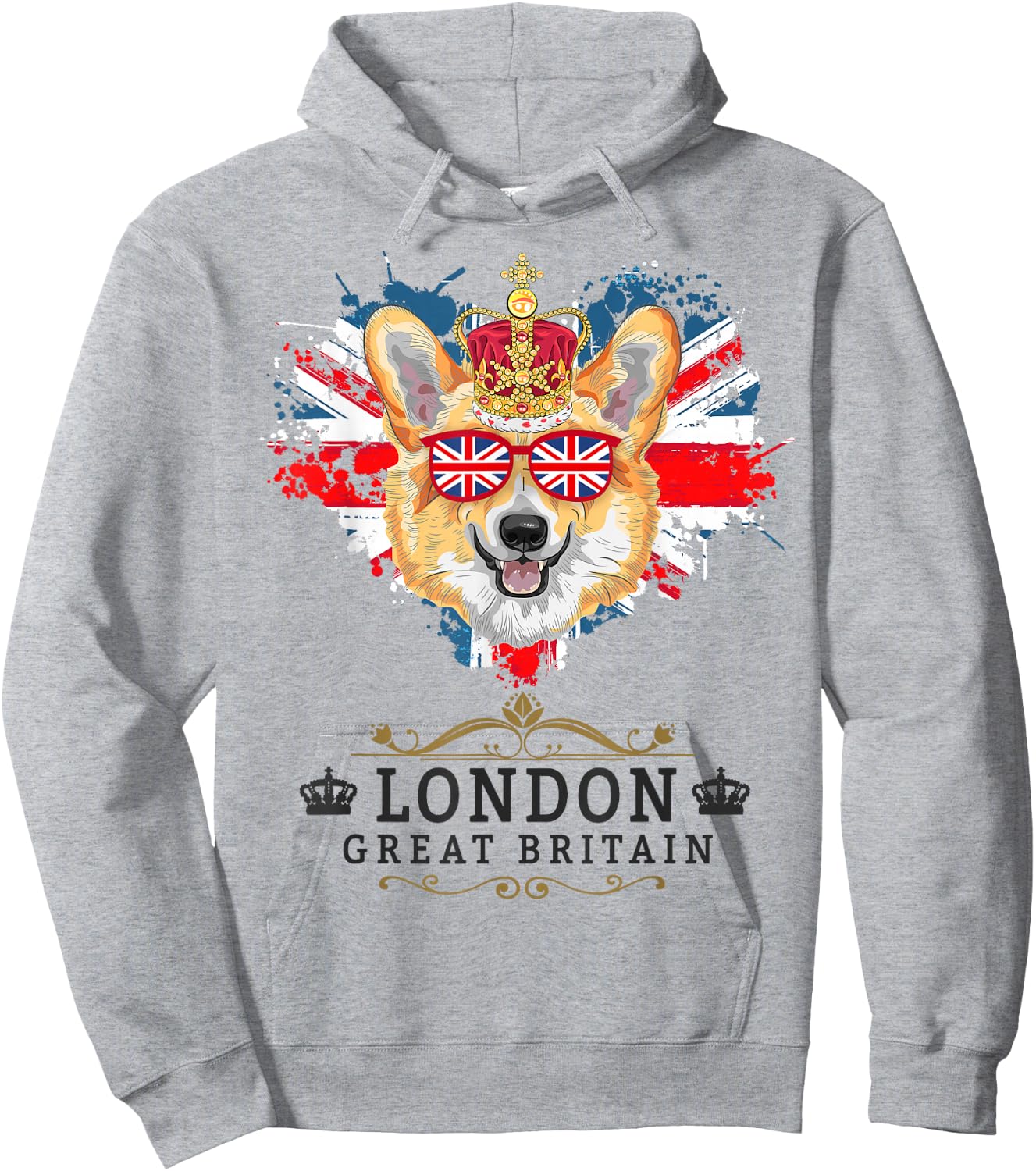 London Idea For Kids With Union Jack Flag Of England & Corgi Hoodie - Hoodie | Ash