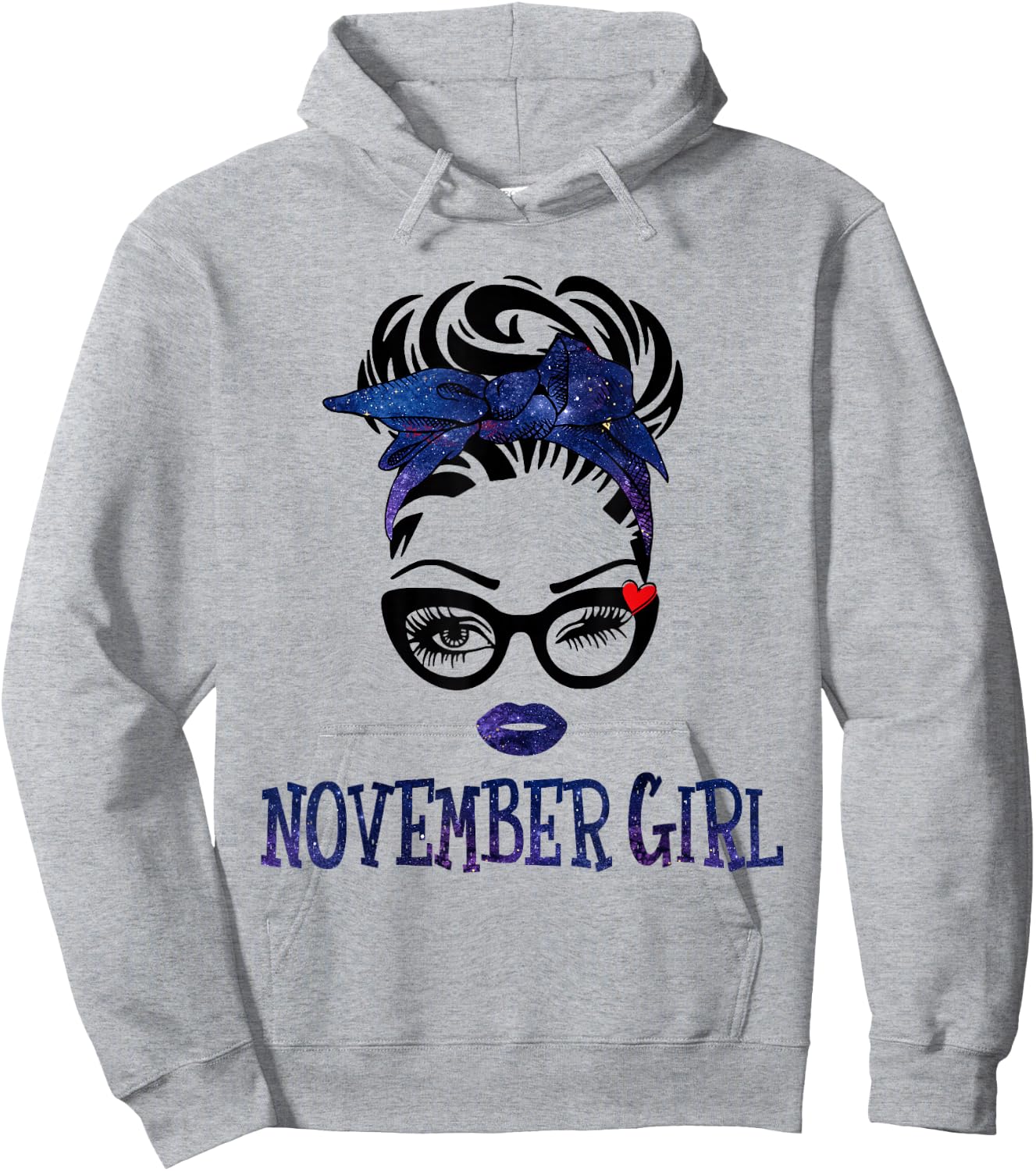 November Girl Galaxy Woman Face Messy Bun Hair Bandana Bday Hoodie - Hoodie | Ash