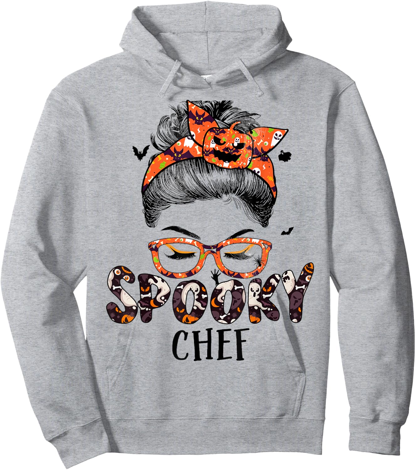 Messy Bun Spooky Chef Women Pumpkin Halloween Bat Hoodie - Hoodie | Ash
